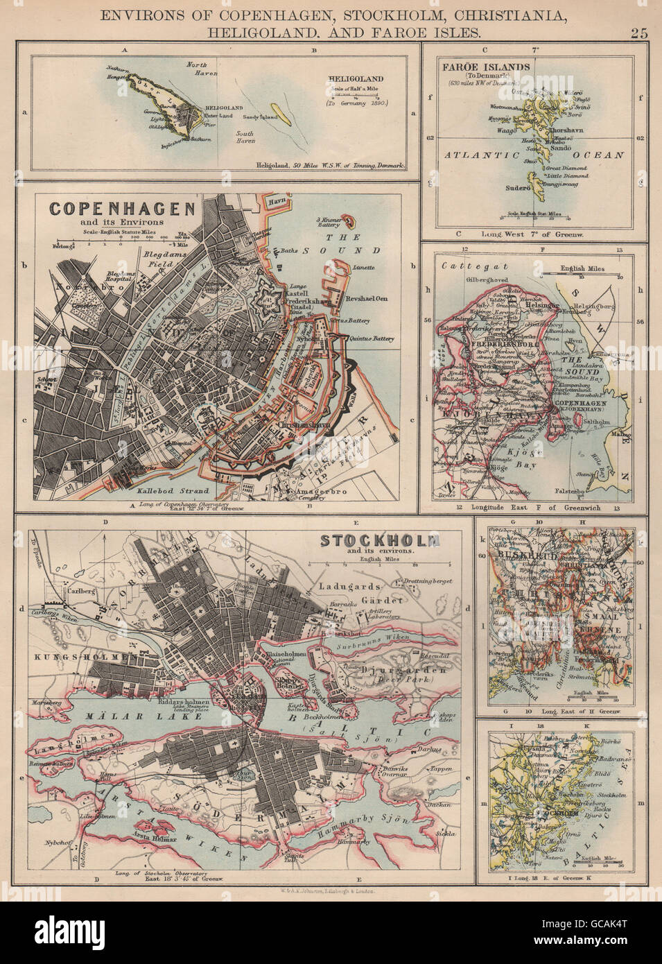 SKANDINAVISCHE STÄDTE. Kopenhagen Stockholm Oslo Christiania.JOHNSTON, 1897-Karte Stockfoto