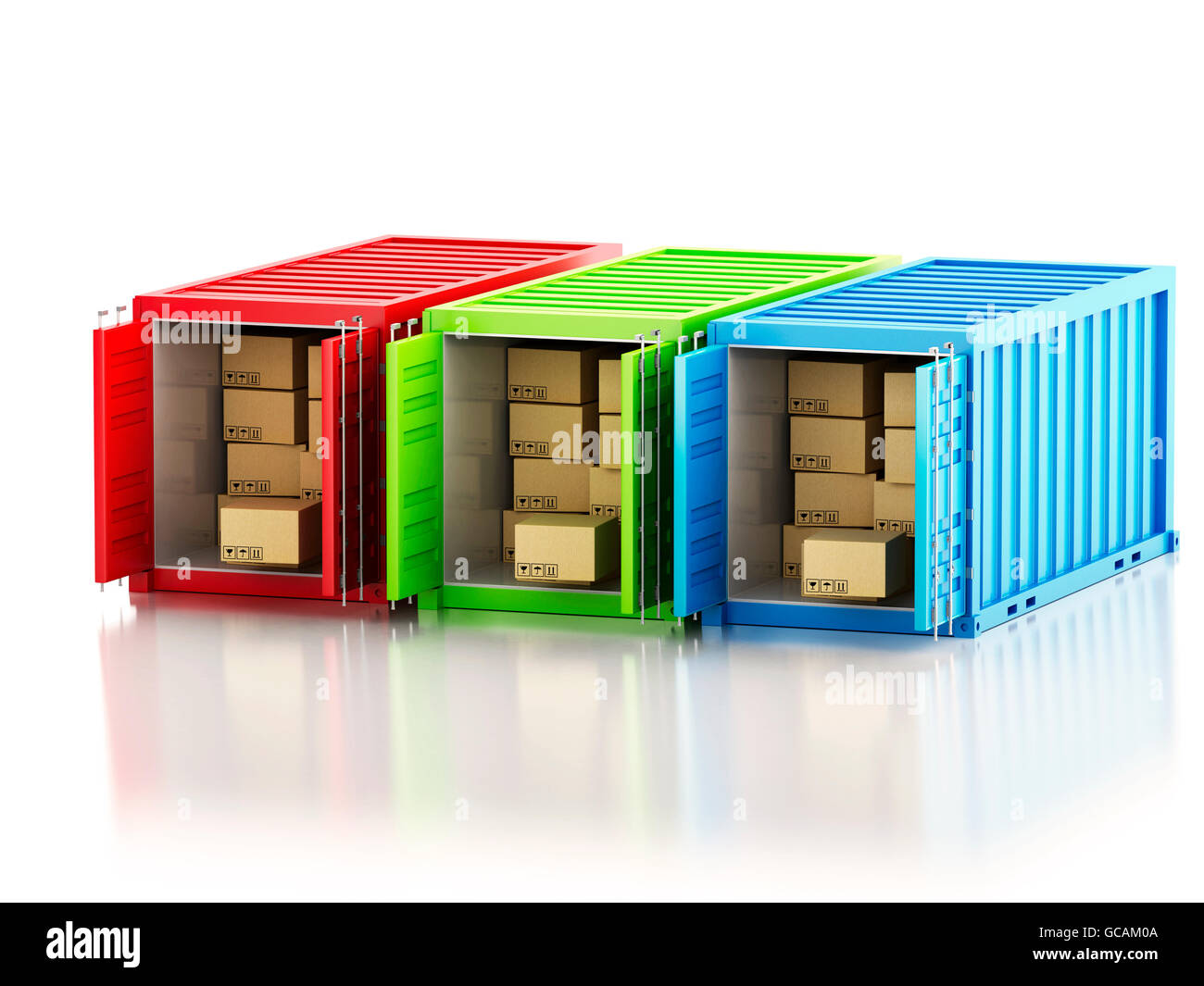 3D Renderer Bild. Offene Container mit Kartons. Isolierten weißen Hintergrund. Stockfoto