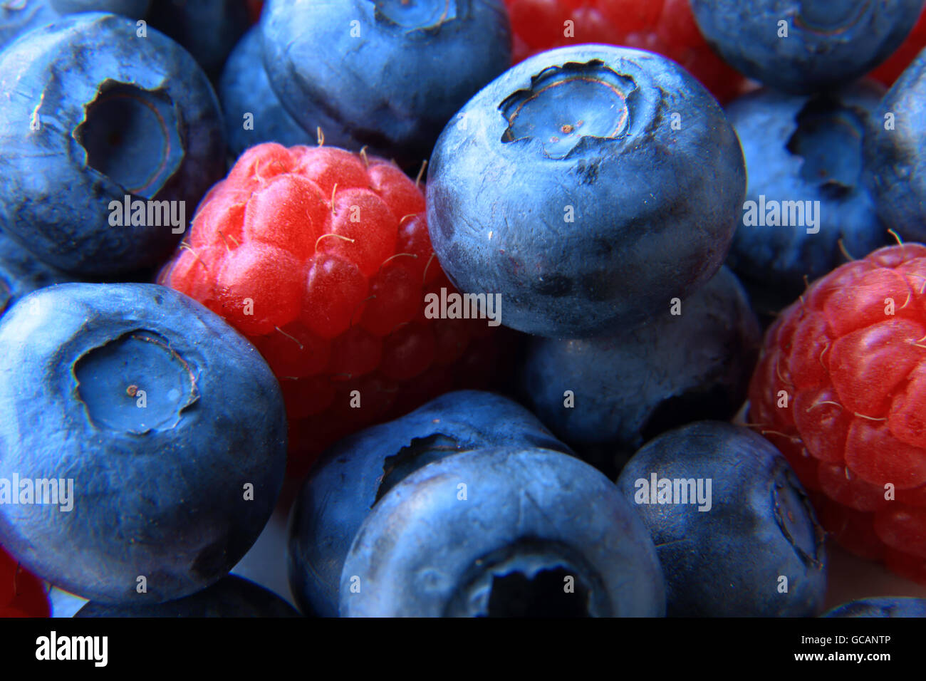 Nahaufnahme eines Bündels von Heidelbeeren und Himbeeren Stockfoto