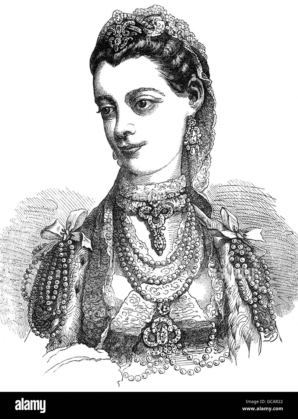Am 8. September 1761 in der Chapel Royal, St James Palace, heiratete König George III Prinzessin Charlotte von Mecklenburg-Strelitz, die er am Tag ihrer Hochzeit kennengelernt. Zwei Wochen später, waren beide in der Westminster Abbey gekrönt. Stockfoto