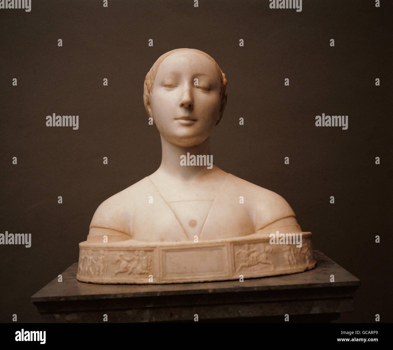 Bildende Kunst, Settignano, Desiderio da, (1430-1464), Skulptur, weibliche Büste mit Sockel Fries, ca. 1450, Marmor, Italien, Stockfoto