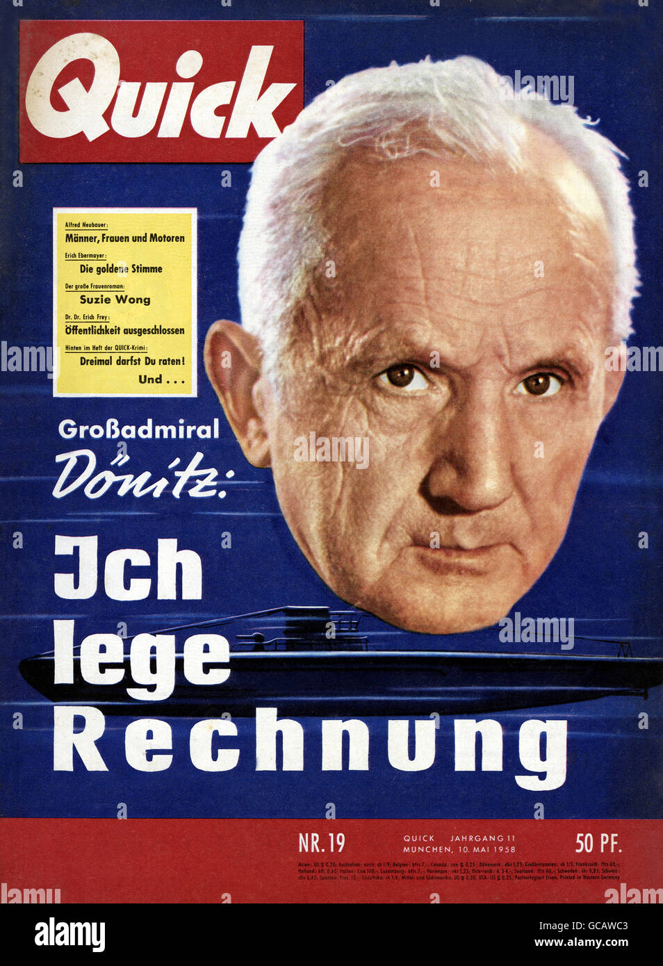 Zeitschriften, Quick, Nr. 19, München, 10.5.1958, Titelseite, Catchline: 'Grand Admiral Doenitz: I give Account', Additional-Rights-Clearences-not available Stockfoto