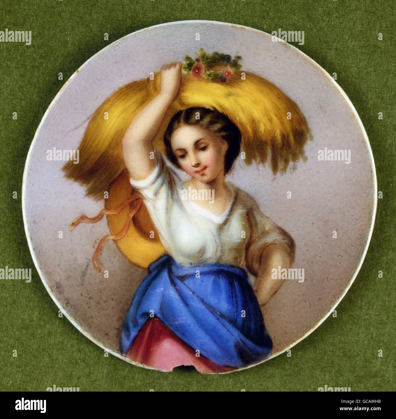 Bildende Kunst, Malerei, bemalte Bierdeckel Krug, Kontur Print, farbig, Bauernmädchen mit Stroh, Deutschland, 2. Hälfte 19. Jahrhundert Stockfoto