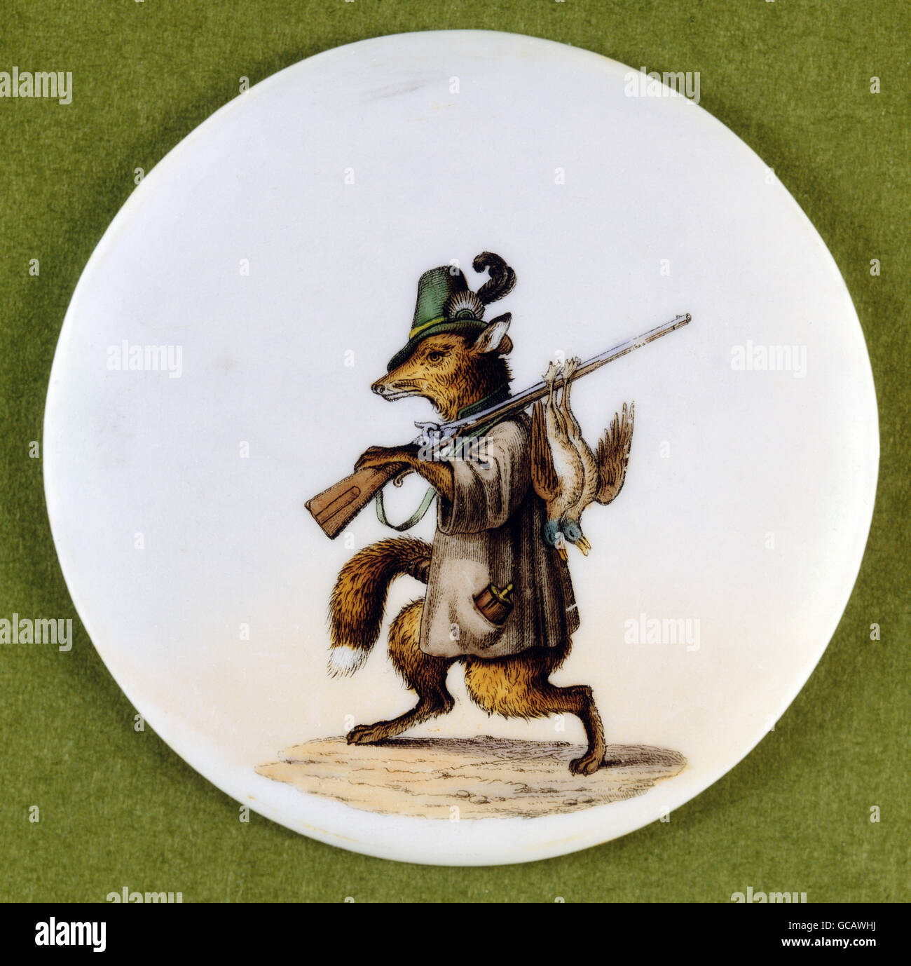 Bildende Kunst, Malerei, bemalte Bierdeckel Krug, Transfer Kreide Lithographie, der Fuchs als Jäger, Deutschland, 2. Hälfte 19. Jahrhundert Stockfoto