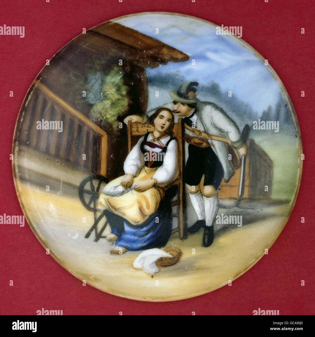 Bildende Kunst, Malerei, malte Krug Bierdeckel, Lithographie, transfer ländlichen paar, Deutschland, 2. Hälfte 19. Jahrhundert Stockfoto