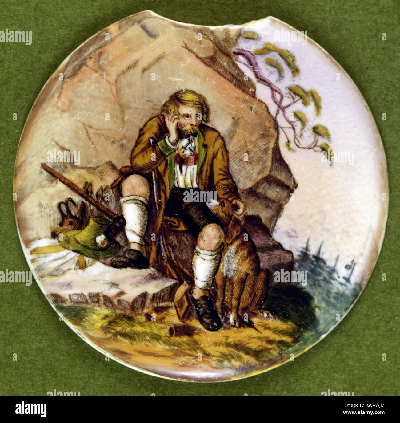 Bildende Kunst, Malerei, bemalte Bierdeckel Krug, Transfer Lithographie, Jäger mit Hund ruht, Deutschland, 2. Hälfte 19. Jahrhundert Stockfoto
