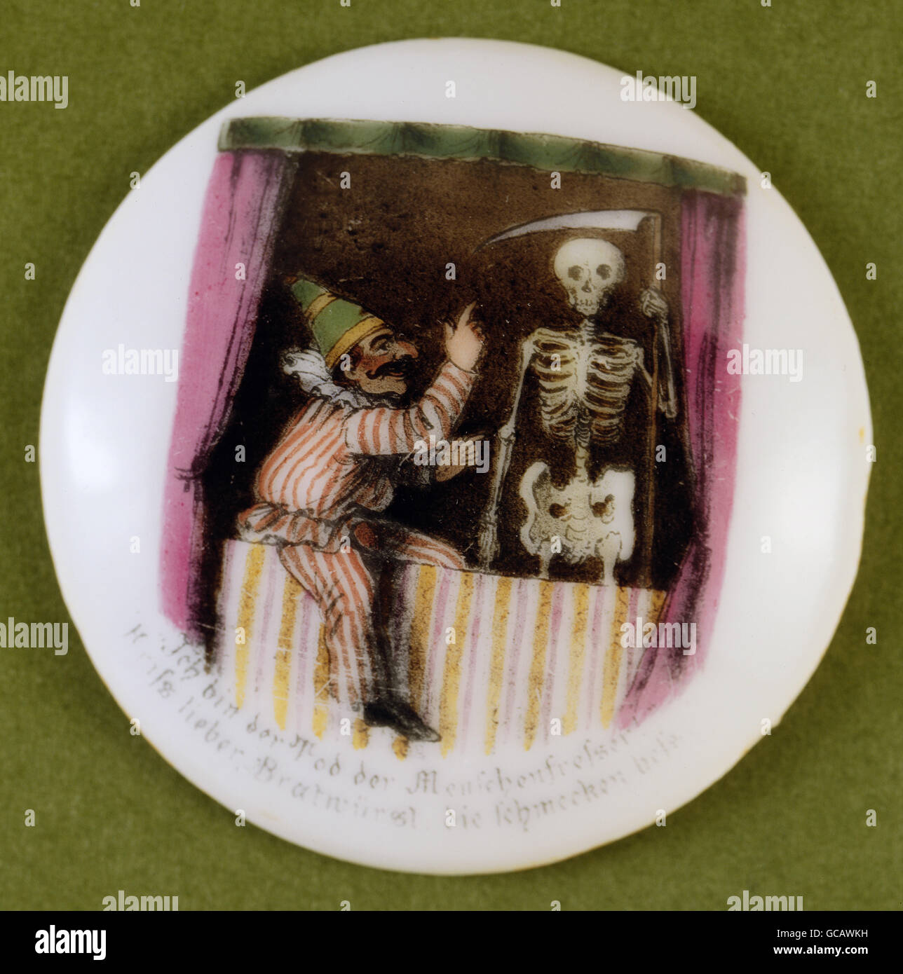 Bildende Kunst, Malerei, malte Krug Bierdeckel, Transfer Lithographie, farbig, Punsch und Tod, Deutschland, 2. Hälfte 19. Jahrhundert Stockfoto