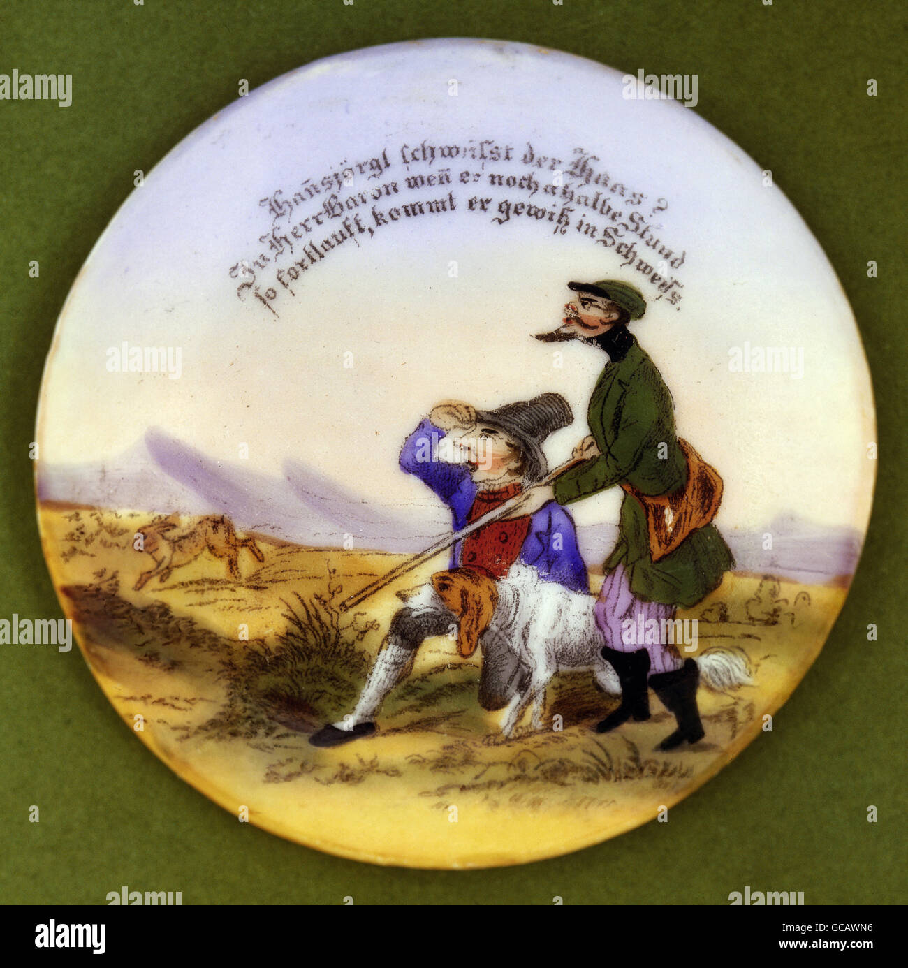 Bildende Kunst, Malerei, bemalte Bierdeckel Krug, Kontur Print, farbig, Satire auf Jagd, Deutschland, 2. Hälfte 19. Jahrhundert Stockfoto