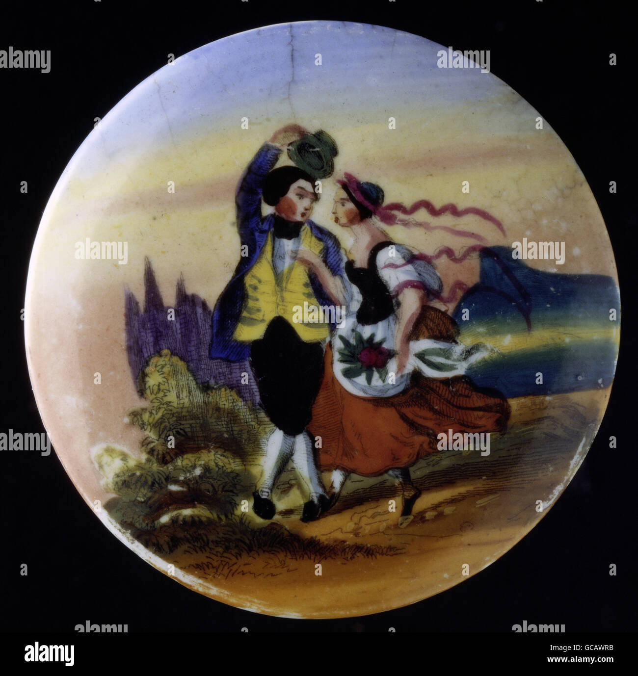 Bildende Kunst, Malerei, bemalte Bierdeckel Krug, Transfer Lithographie, farbige, tanzende Paar, Deutschland, 2. Hälfte 19. Jahrhundert Stockfoto