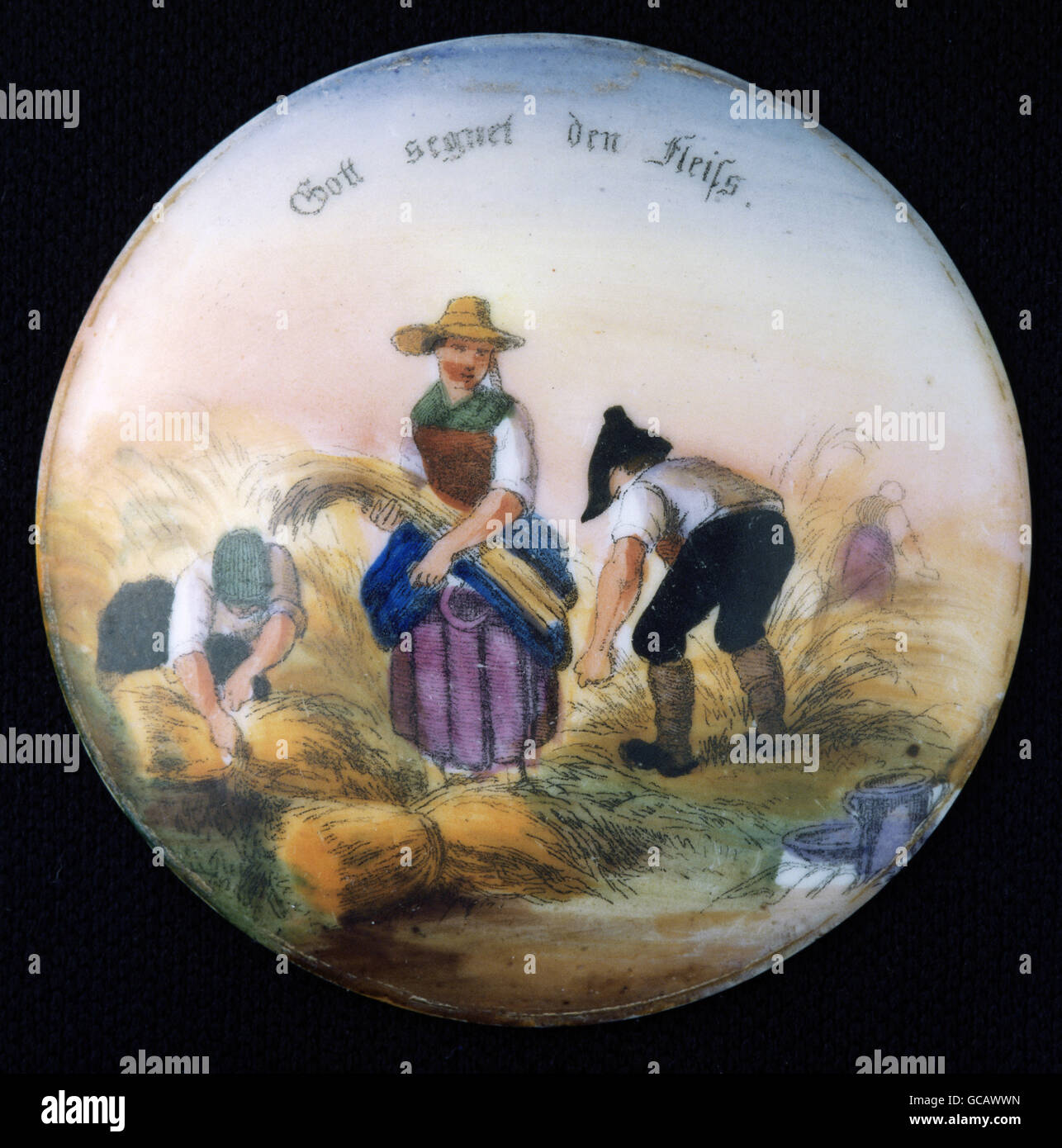 Bildende Kunst, Malerei, bemalte Bierdeckel Krug, Transfer Lithographie, farbig, Bauern ernten, Deutschland, 2. Hälfte 19. Jahrhundert Stockfoto