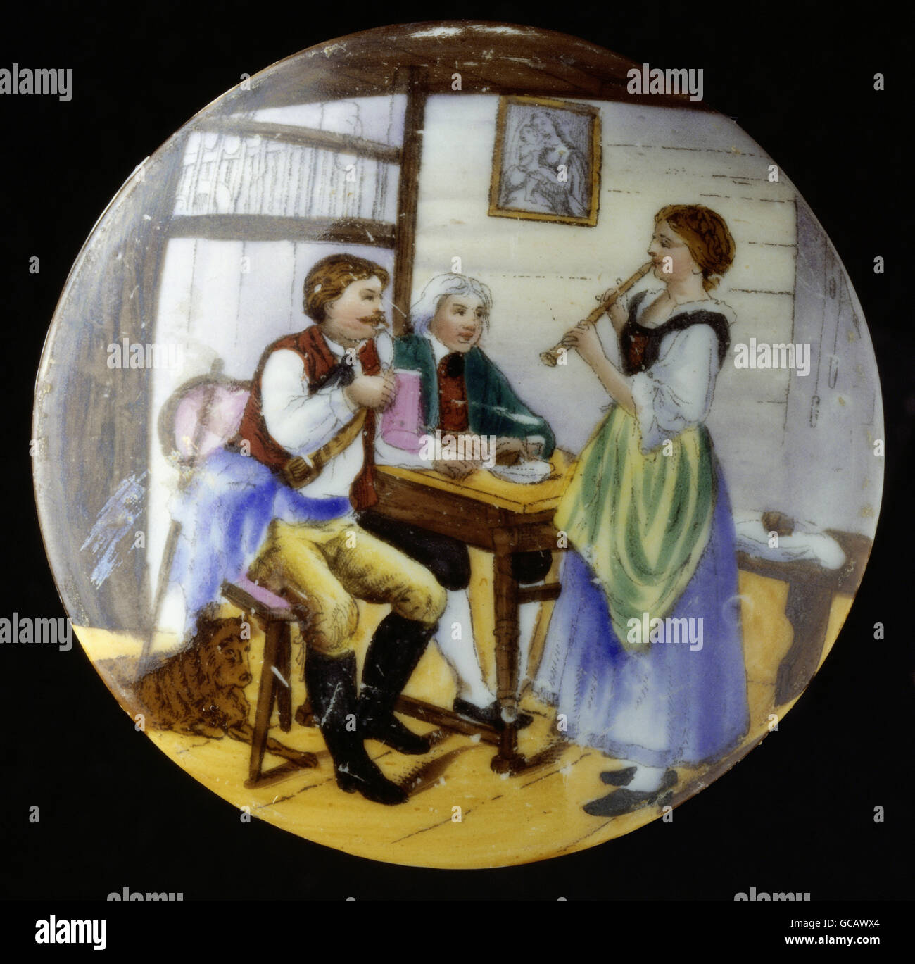 Bildende Kunst, Malerei, bemalte Bierdeckel Krug, Transfer Lithographie, farbig, Mädchen spielen die Clarinette, Deutschland, 2. Hälfte 19. Jahrhundert Stockfoto