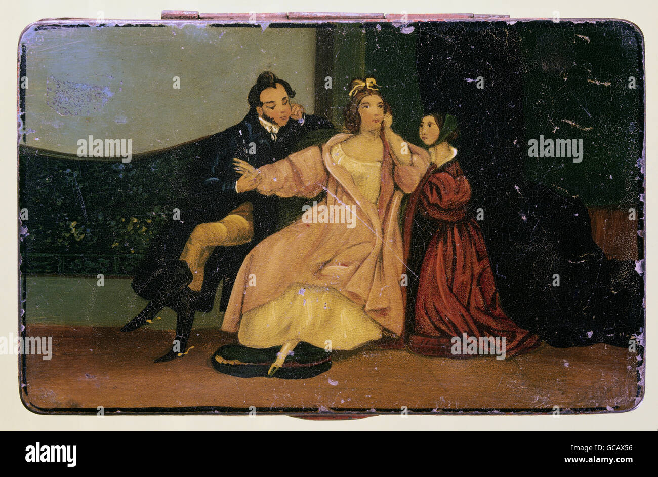 Personen, Frauen, Dame, Kavalier und Dienstmädchen im Salon, Emailmalerei, Schnupftabakkasten, Anfang des 19. Jahrhunderts, Frauen, Männer, Mann, Liebhaber, Diener, bildende Kunst, historisch, historisch, weiblich, Frau, männlich, Zusatzrechte-Clearences-nicht verfügbar Stockfoto