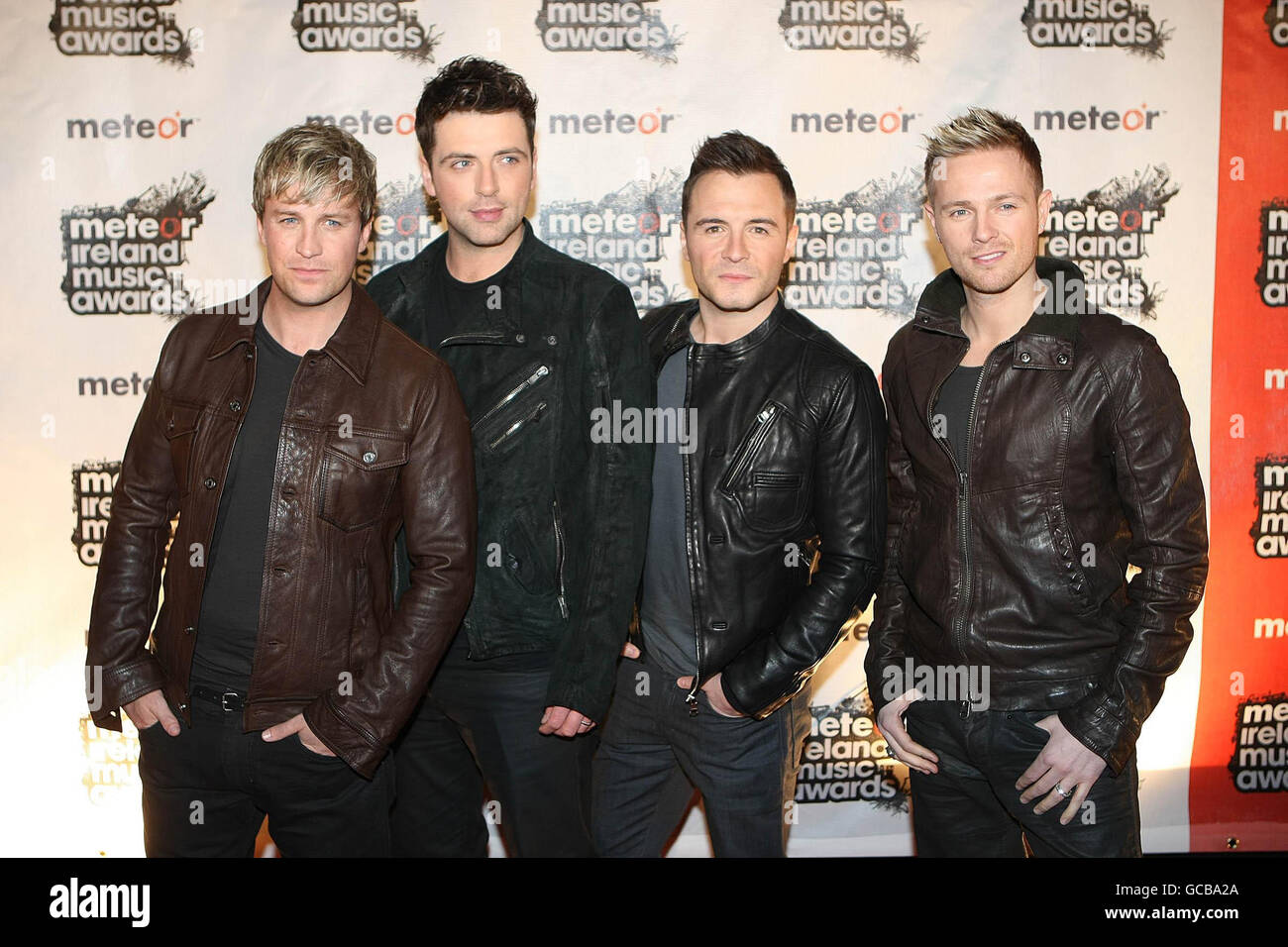 Von links: Kian Egan von Westlife, Mark Feehily, Shane Filan und Nicky Byrne kommen bei den Meteor Ireland Music Awards an der RDS, Dublin. Stockfoto