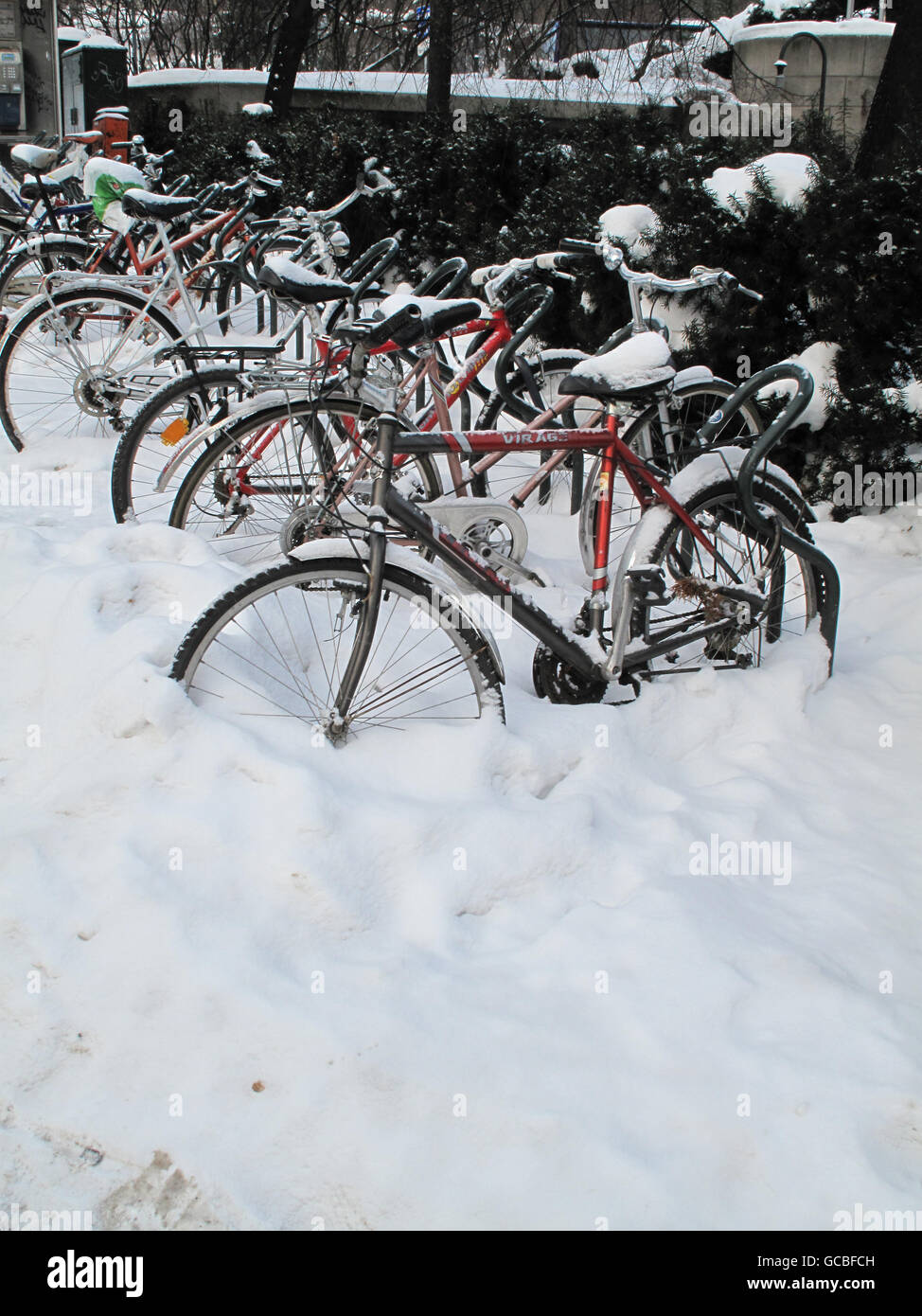 Eine Reihe von Fahrrädern, die teilweise von einer Schneedecke in der norwegischen Hauptstadt Oslo versteckt sind. Stockfoto