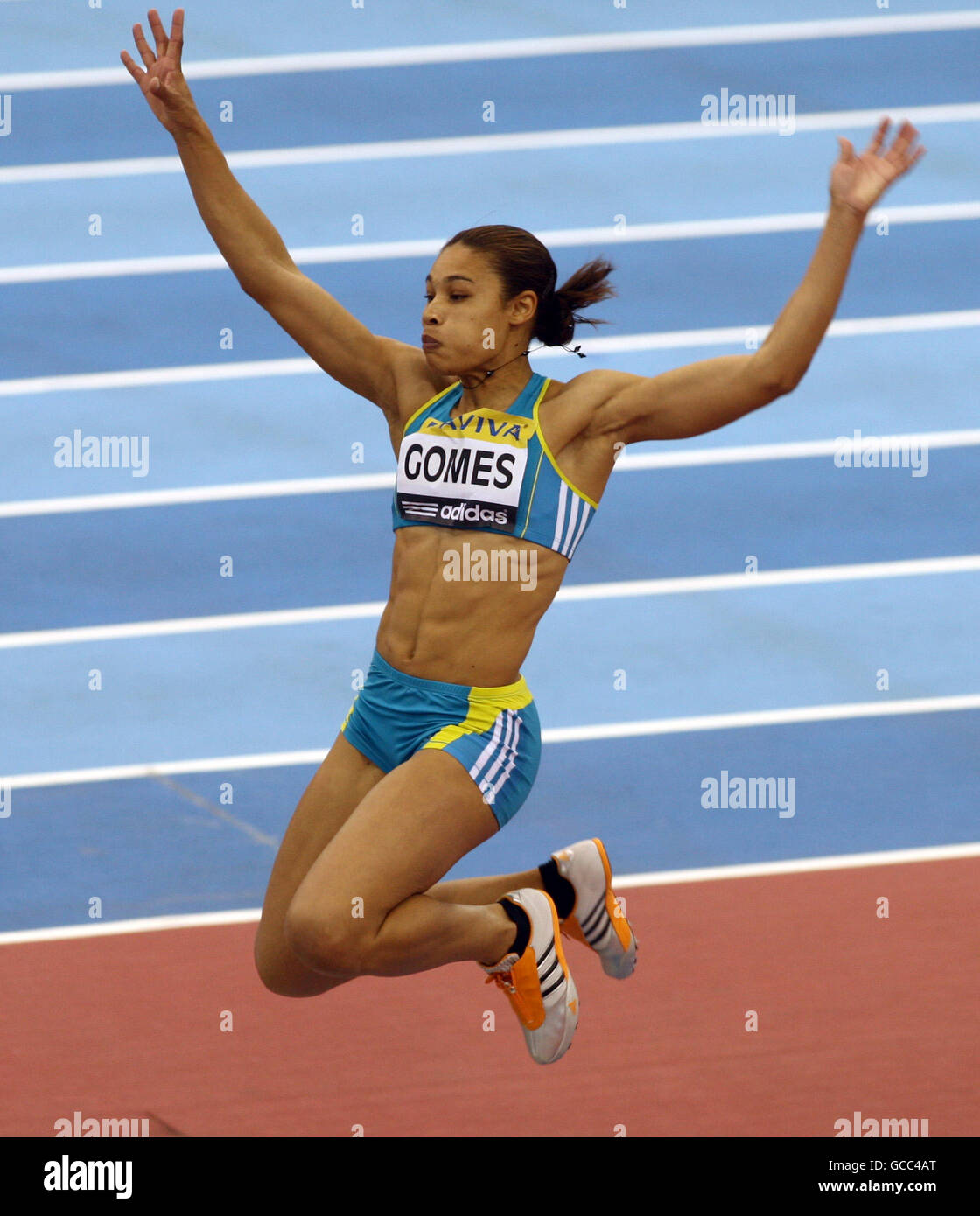 Leichtathletik - Aviva International - National Indoor Arena. Portugals Naide Gomes beim Weitsprung der Frauen Stockfoto