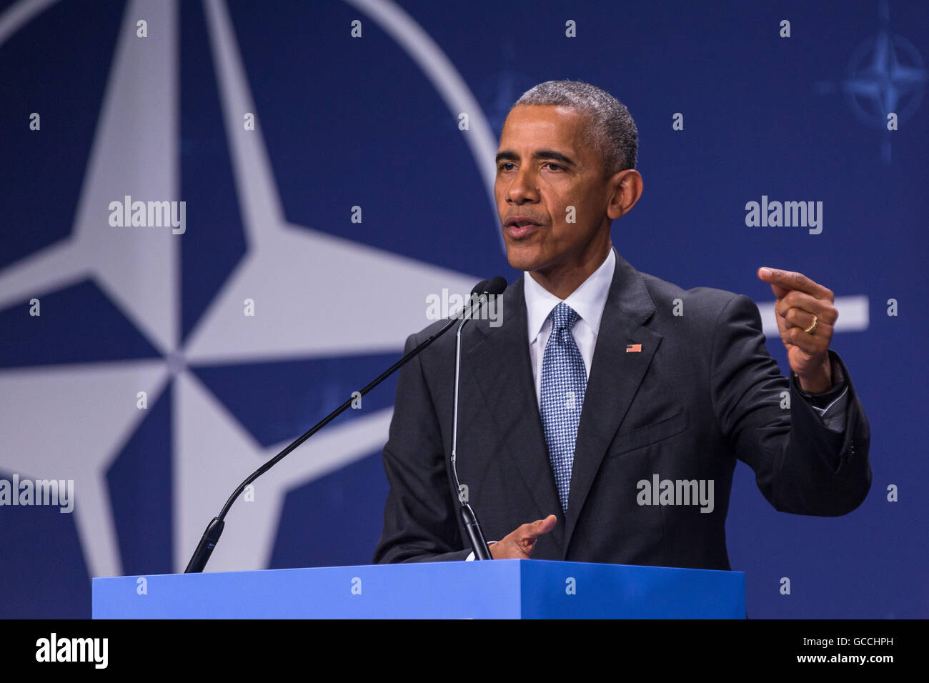 Warschau, Polen. 9. Juli 2016. Präsident der Vereinigten Staaten, Barack Obama während der Pressekonferenz am NATO-Gipfel in Warschau, Polen, am 9. Juli 2016. Bildnachweis: MW/Alamy Live-Nachrichten Stockfoto