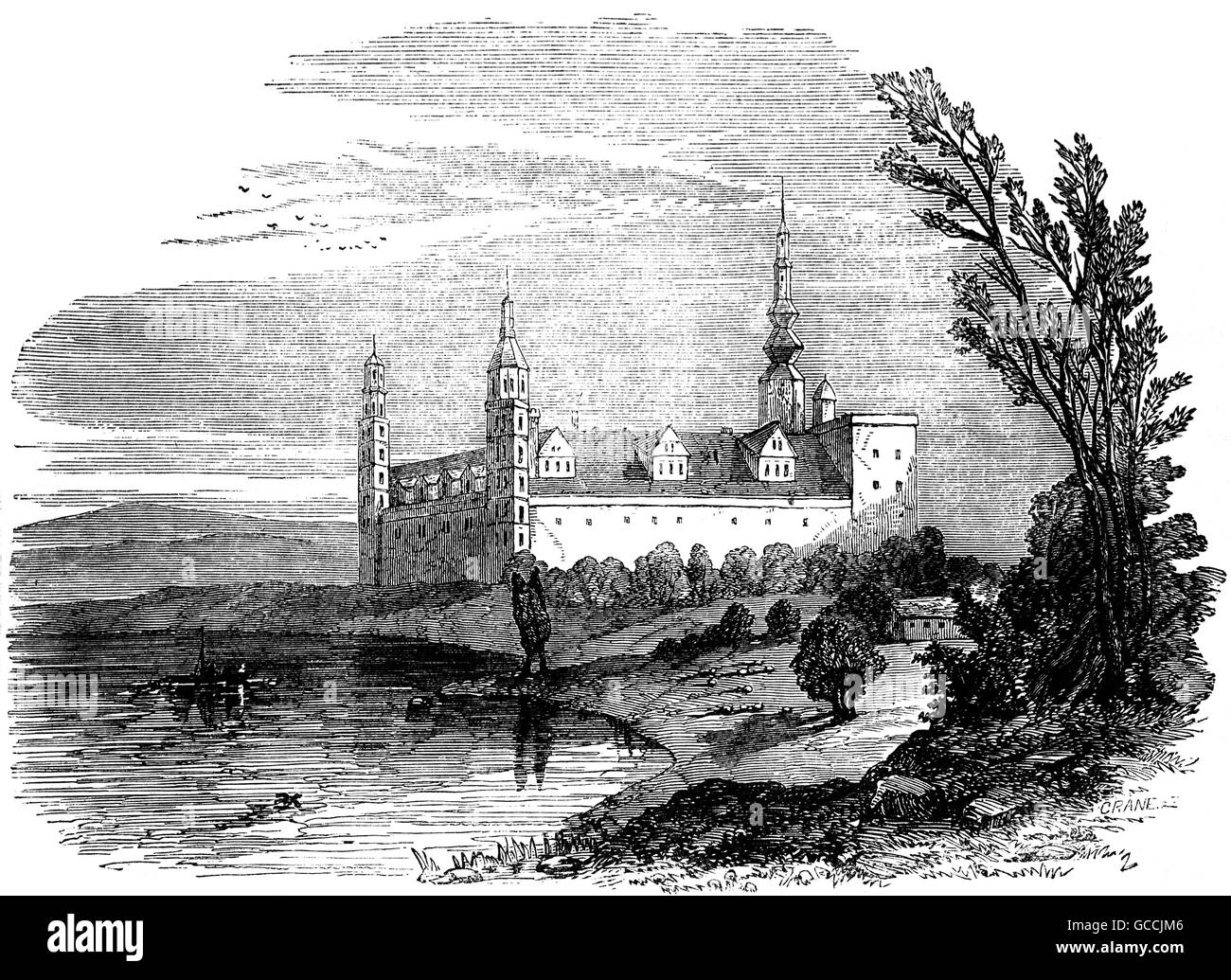 18. Jahrhundert Blick auf Schloss Kronborg in Helsingør, Dänemark, in William Shakespeares Stück Hamlet als Elsinore verewigt. Es liegt an der nordöstlichen Spitze von Seeland an der engsten Stelle der 4 km breiten Øresund, der Klang zwischen Dänemark und Schweden. Stockfoto