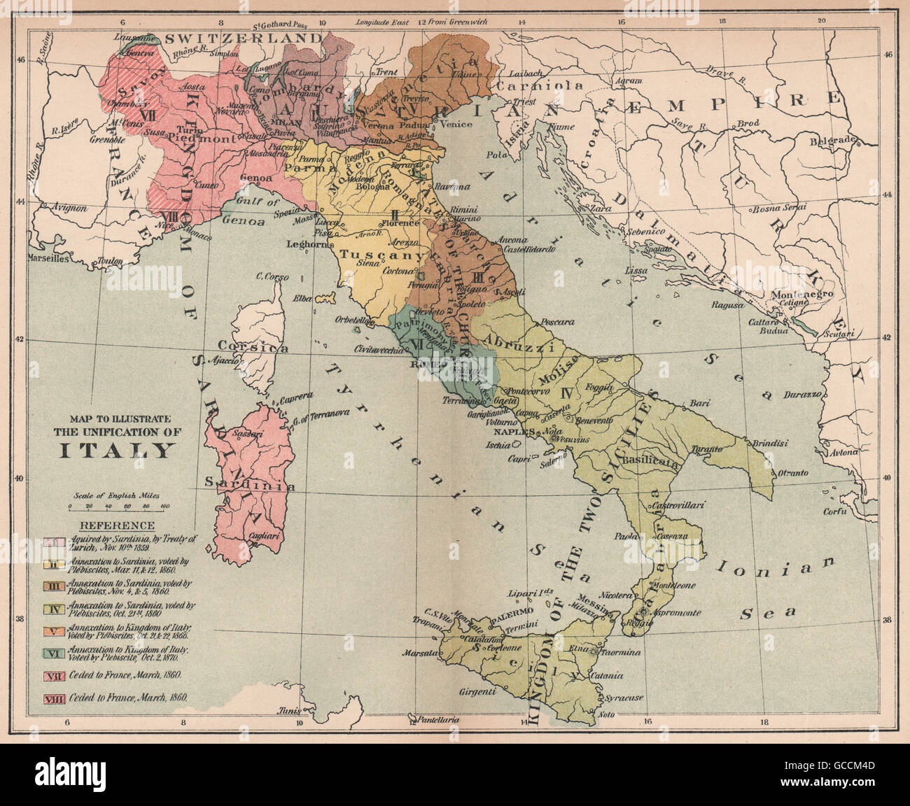 VEREINHEITLICHUNG VON ITALIEN. Akquisitionen & Annexionen 1859-1870, 1910 Antike Landkarte Stockfoto