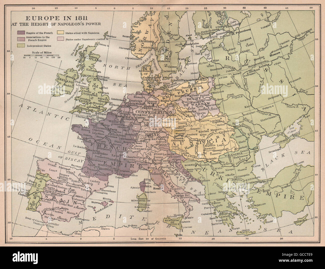 Europa im 1811.French Reich annektierten Gebiet & Verbündeten. Napoleons Apex 1917 Karte Stockfoto