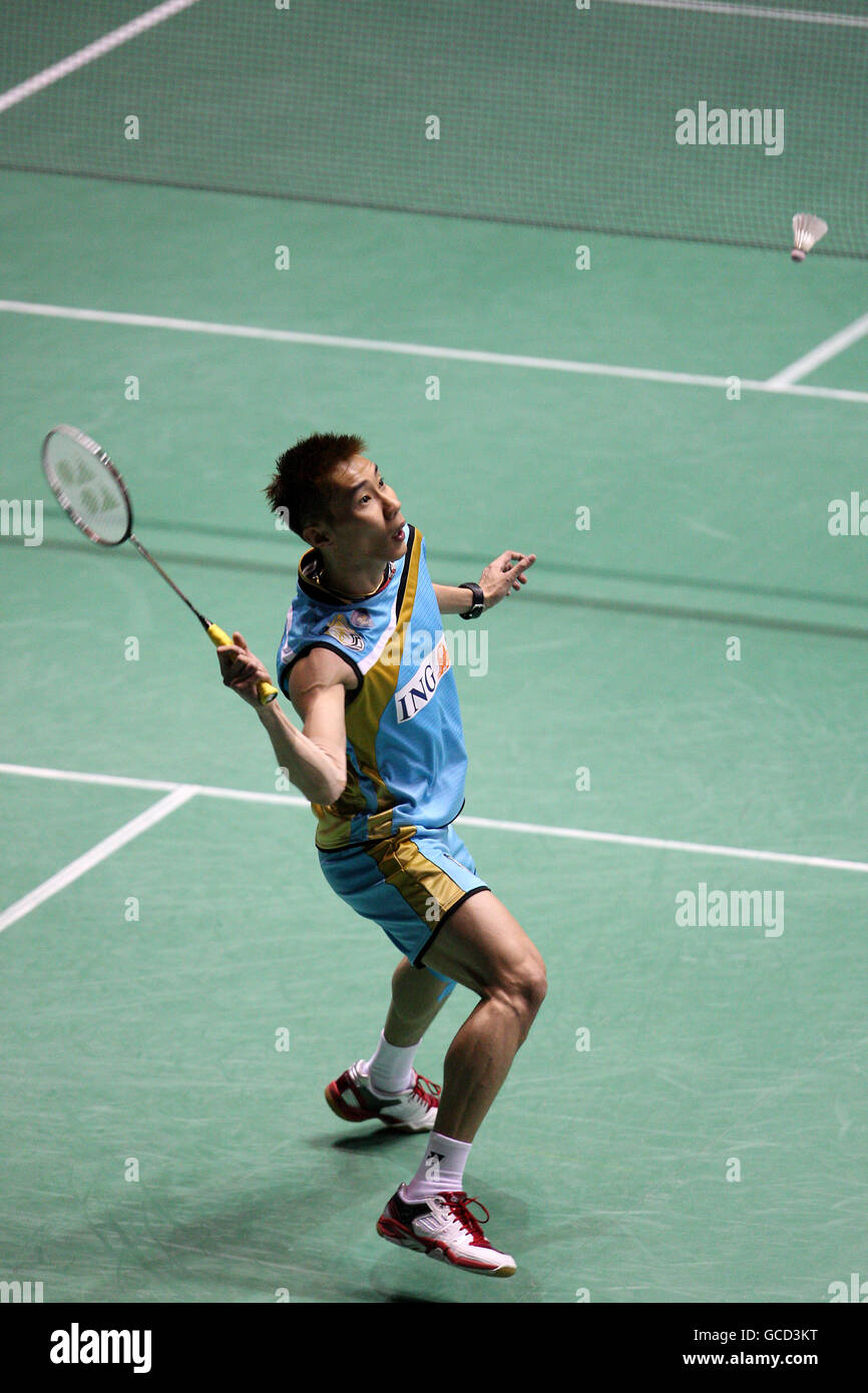 Lee Chong Wei aus Malaysia ist am zweiten Tag der Yonex All England Open Championships 2010 in der National Indoor Arena in Birmingham gegen Chetan Anand aus Indien im Einsatz Stockfoto