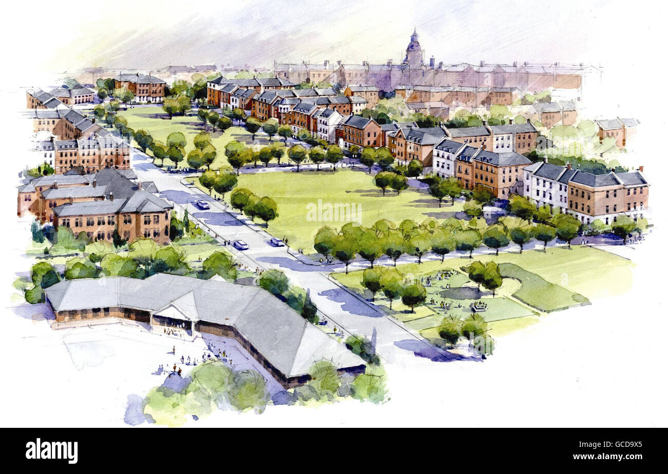 Der Eindruck eines Künstlers, der in südöstlicher Richtung die Queen's Avenue in Aldershot, Hampshire, hinunterblickt. Bilddatum: Montag, 22. März 2010. Die zukünftige Erweiterung von Aldershot um rund 4,500 neue Häuser ist nun einen Schritt näher gekommen. Die Homes and Communities Agency (HCA), die in Partnerschaft mit dem Eigentümer Defence Estates handelt, Hat Entwickler gebeten, sich für die Neuentwicklung des 148 Hektar großen Standorts Aldershot Urban Extension (AUE) in Hampshire zu bewerben.die Aufgabe besteht darin, das überschüssige Militärland bei Aldershot Garrison zu regenerieren, um ein gemischtes Wohnsystem mit rund 4,500 Häusern sowie Gemeinschaftseinrichtungen zu schaffen, Stockfoto