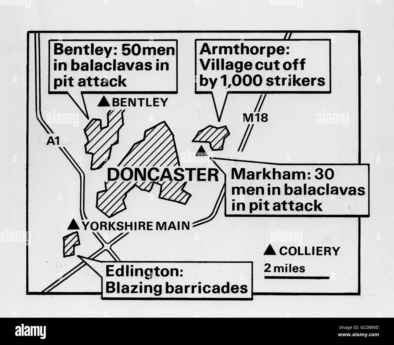 Eine Grafik der Pressevereinigung, die den Bergarbeiterstreik in der Region Doncaster zeigt. Bei Bentley zerschlugen 50 Männer in Balaclavas die Ausrüstung auf der Kolonie, Armthorpe wurde von 1,000 Streikenden abgeschnitten, im Markham Main Colliery zerschlugen 30 Männer in Balaclavas die Ausrüstung und Edlington hatte flammende Barrikaden. Stockfoto