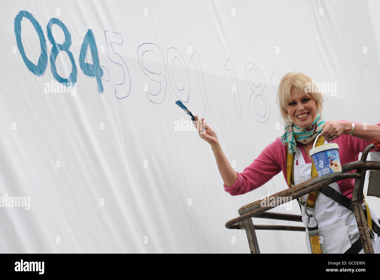 Schauspielerin Joanna Lumley hilft, eine Plakatwand in London zu malen, die heute die Thames Reach Kampagne anwirbt, um die Aufmerksamkeit auf Londons Obdachlose am Thames Reach Obdachlose Hostel, Bondway, London, zu lenken. Stockfoto