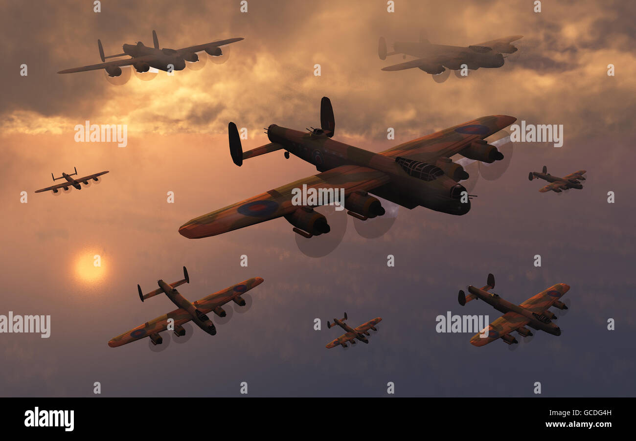 Lancasters auf einer Nacht-Mission. Stockfoto