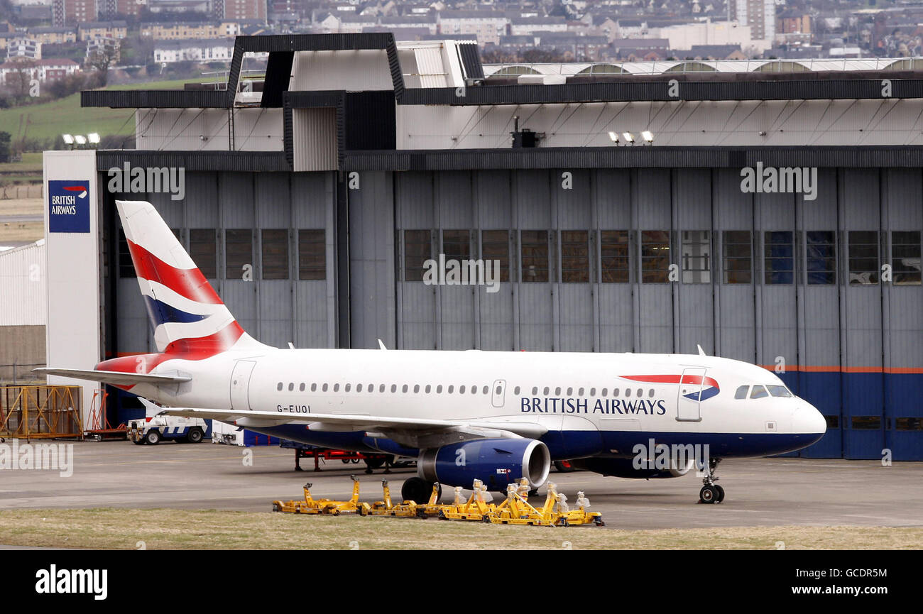 Ein Flugzeug von British Airways am Flughafen Glasgow, während BA-Kabinenpersonal ihre Streikaktion fortsetzt. Stockfoto