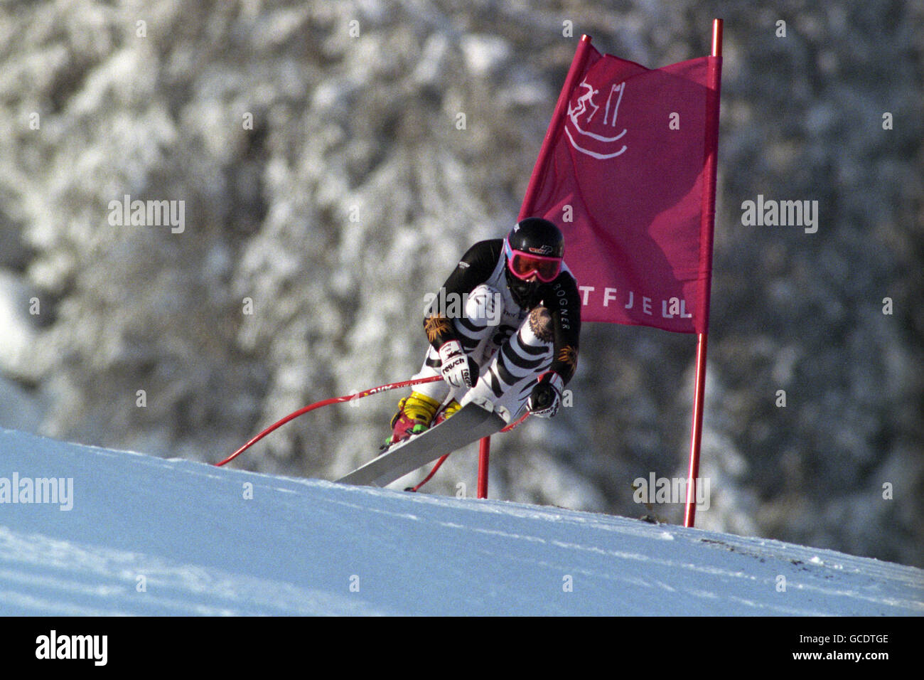 Der deutsche Markus Wasmeier auf dem Weg zum Gold-Gewinn im Super G. Stockfoto