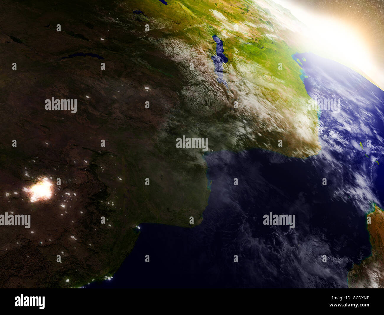 Mosambik und Simbabwe Region aus der Umlaufbahn der Erde im Weltraum bei Sonnenaufgang. 3D Illustration mit hochdetaillierten realistischer planet Stockfoto Mosambik und Simbabwe Region aus der Umlaufbahn der Erde im Weltraum bei Sonnenaufgang. 3D Illustration mit hochdetaillierten realistischer planet Stockfoto