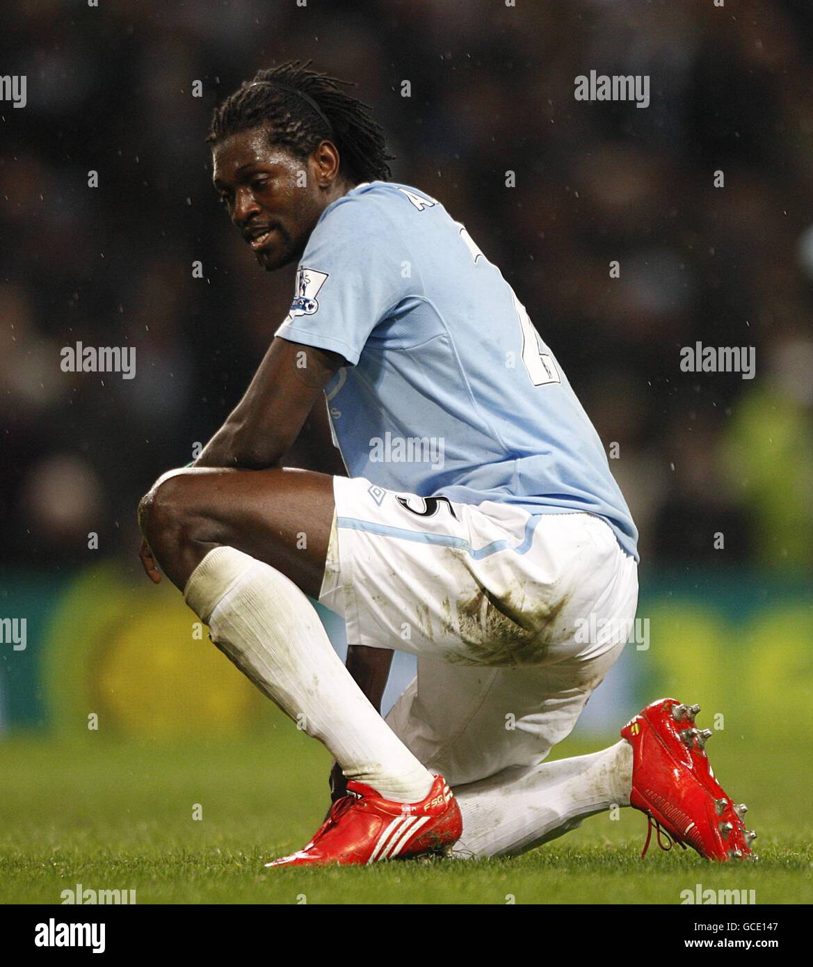 Fußball - Barclays Premier League - Manchester City / Wigan Athletic - City of Manchester Stadium. Emmanuel Adebayor, Manchester City Stockfoto