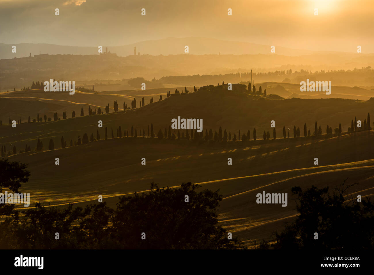 Sonnenuntergang, Crete Senesi, Toskana, Italien Stockfoto