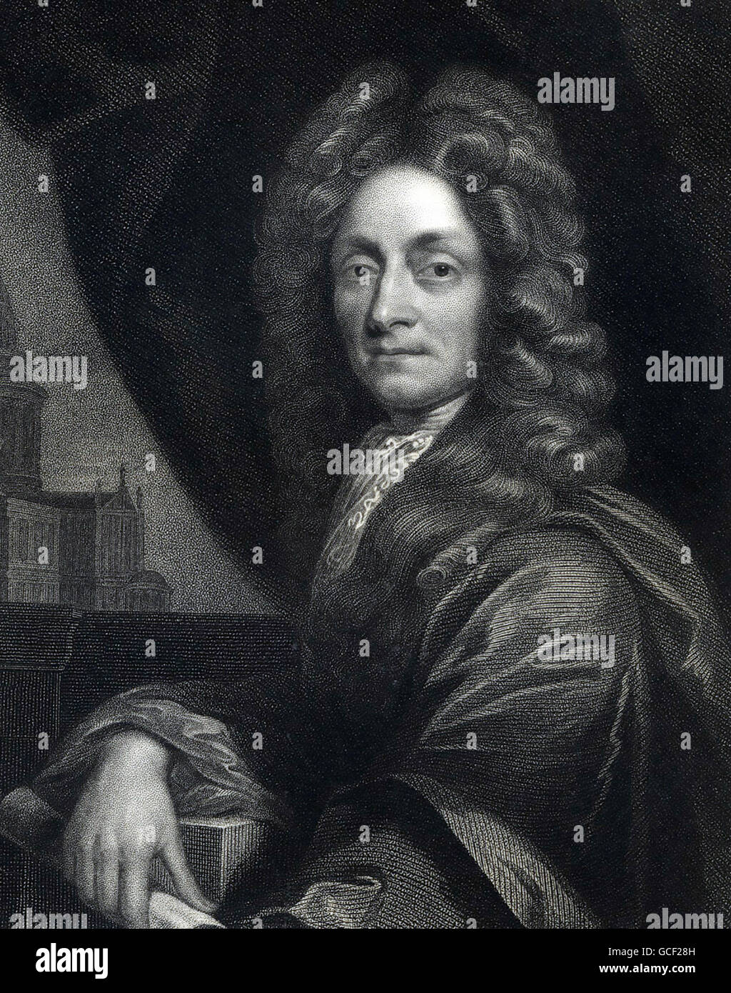 Der Architekt CHRISTOPHER WREN (1632-1723) Englisch. Stahlstich mit Sitz in 1711 Öl-Porträt von Godfrey Kneller Stockfoto