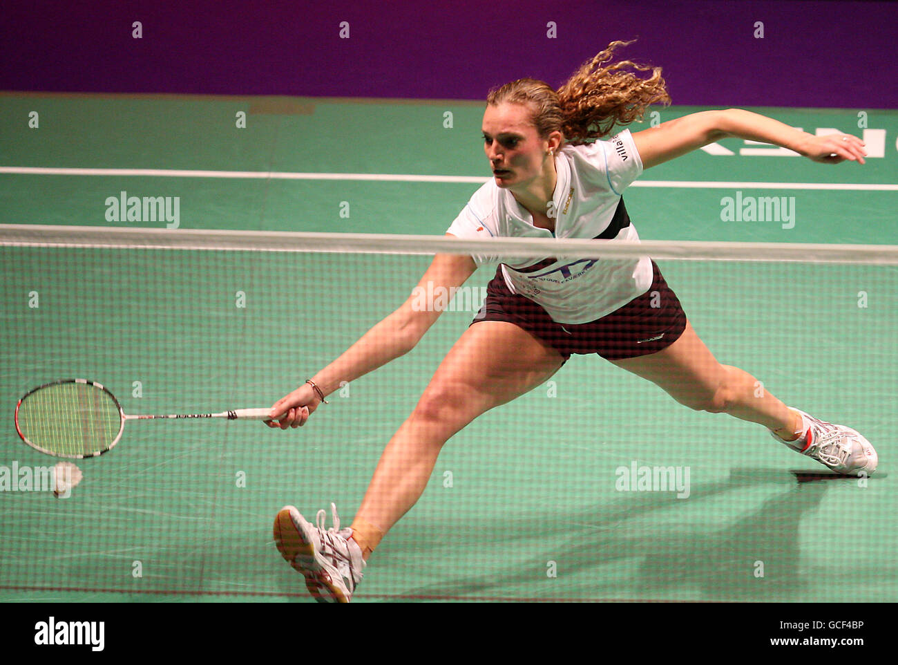 Badminton - Yonex Badmintoneuropameisterschaften - Tag fünf - MEN Arena. Die dänische Tine Rasmussen im Einzel-Finale der Frauen gegen die deutsche Juliane Schenk Stockfoto