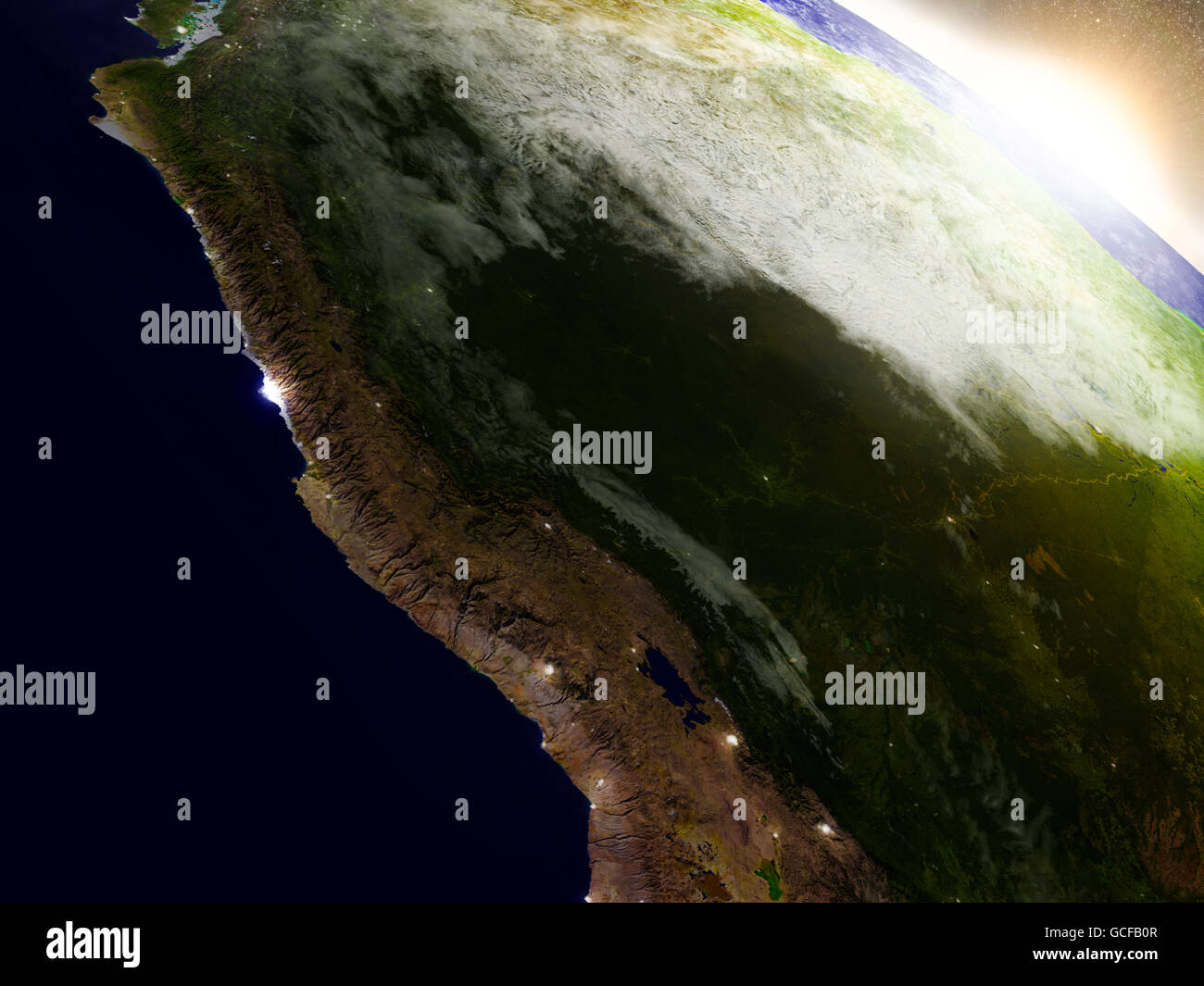 Peru-Region von der Umlaufbahn der Erde im Weltraum bei Sonnenaufgang. 3D Illustration mit detailreichen, realistischen Planetenoberfläche. Elemente Stockfoto