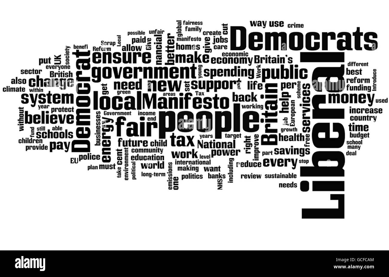 Das Manifest der Liberaldemokratischen Partei, das durch das Internet-Tool wordle.net gesehen wird. Die Verwendung von Wörtern in den drei Hauptmanifesten bietet einen Einblick in die politischen Lexikonparteien Hoffnung wird die Wähler beeinflussen. Stockfoto