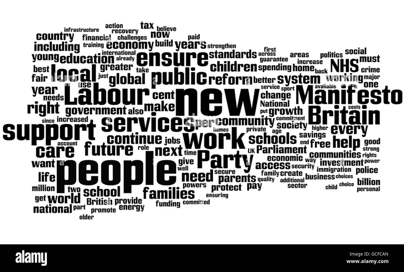 Das Manifest der Labour Party aus der Sicht des Internet-Tools wordle.net. Die Verwendung von Wörtern in den drei Hauptmanifesten gibt einen Einblick in die politischen Lexikonparteien, die hoffen, die Wähler zu beeinflussen. Stockfoto