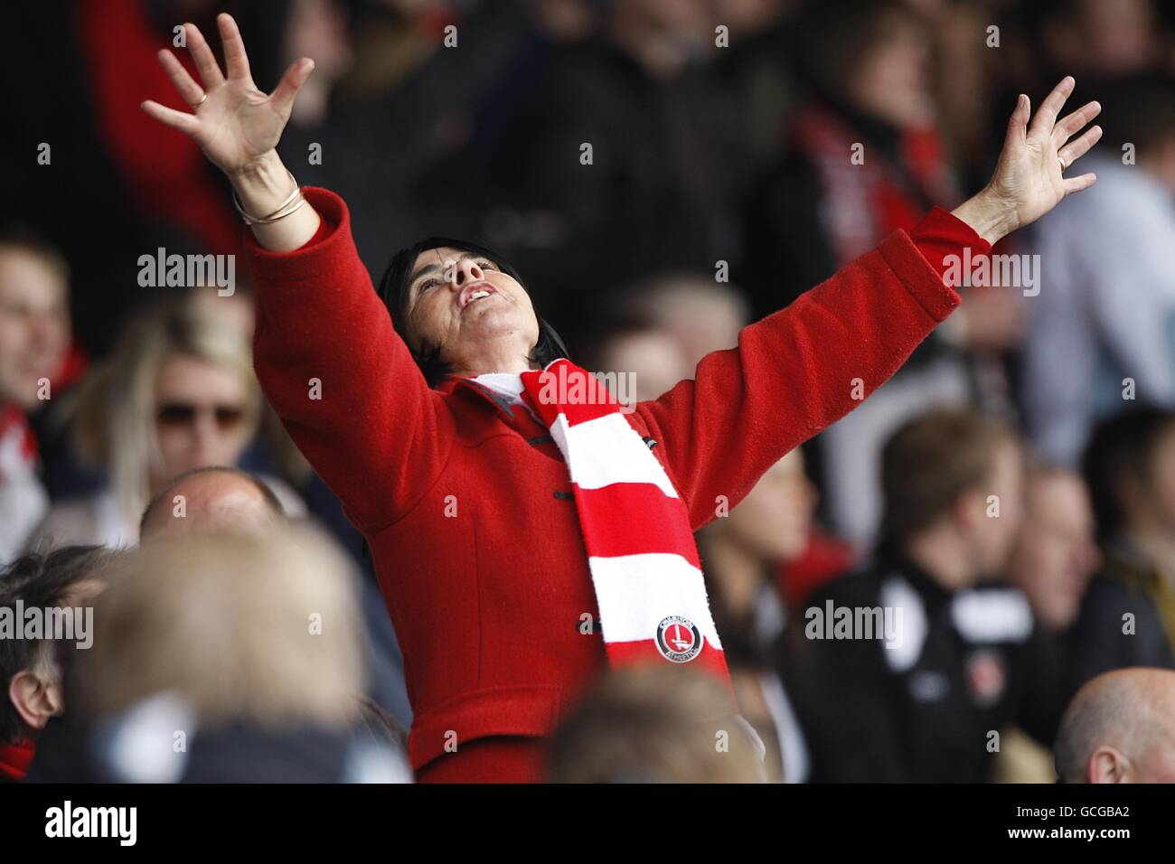 Fußball - Coca-Cola Football League One - Oldham Athletic / Charlton Athletic - Boundary Park. Ein Charlton Athletic-Fan steht auf der Tribüne auf. Stockfoto