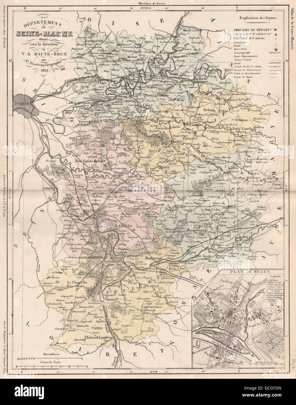 SEINE-ET-MARNE. Carte du Département. Plan de Melun. MALTE-BRUN, 1852 alte Karte Stockfoto