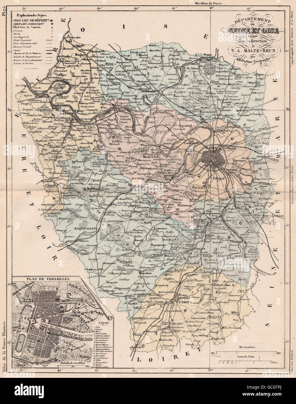 SEINE-ET-OISE. Carte du Département. Plan von Versailles. MALTE-BRUN, 1852-Karte Stockfoto