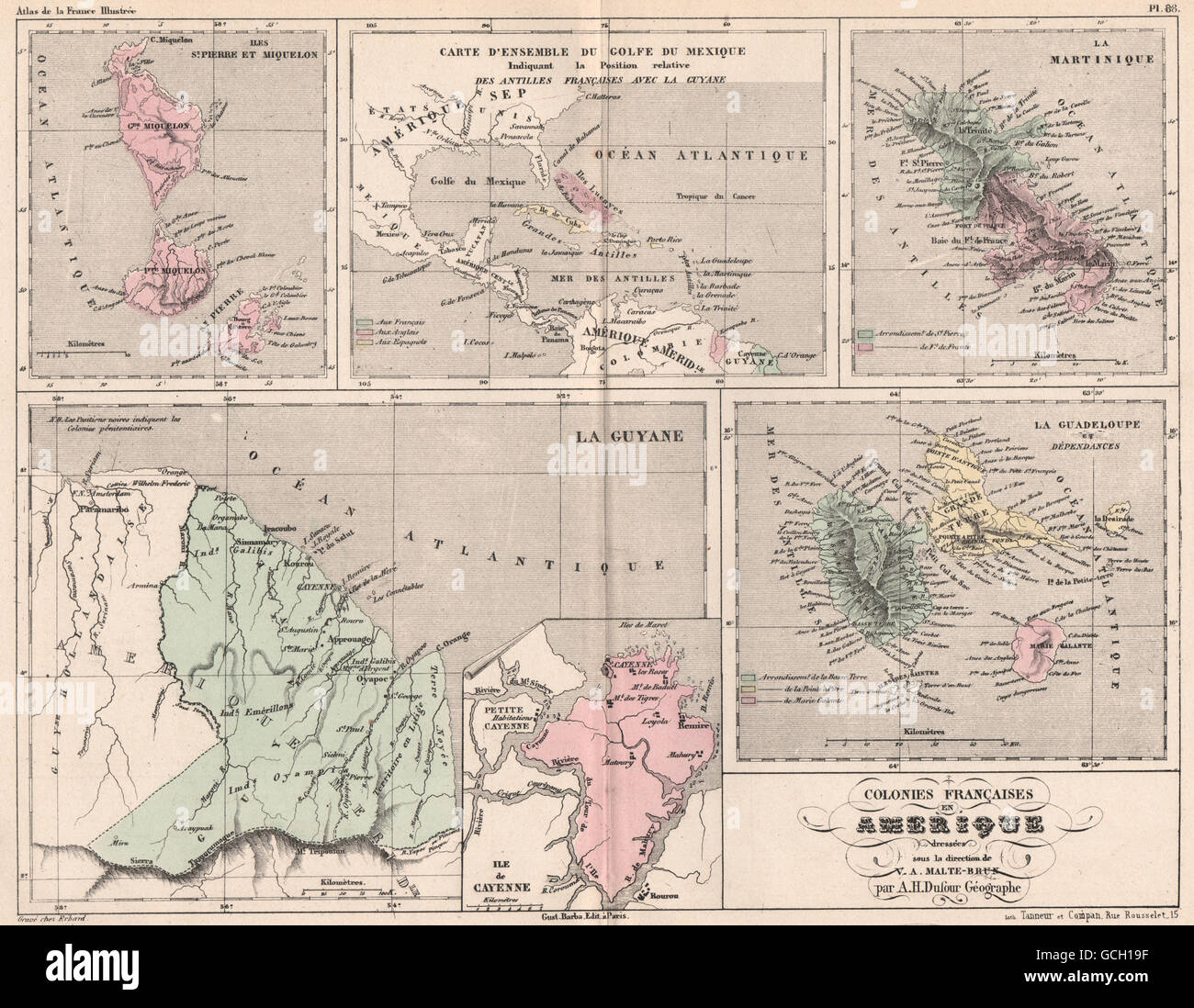 KOLONIEN FRANCAISES. St Pierre Miquelon Guyane Martinique Guadeloupe, 1852-Karte Stockfoto