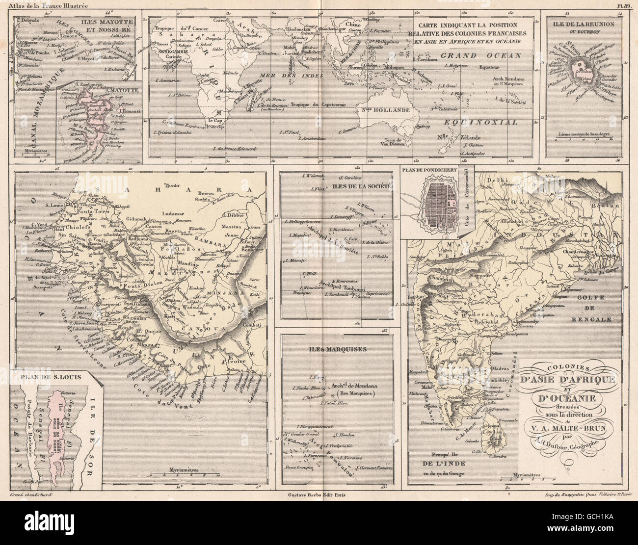 KOLONIEN FRANCAISES. Reunion Mayotte Senegal Pondichery Polynésie, 1852-Karte Stockfoto