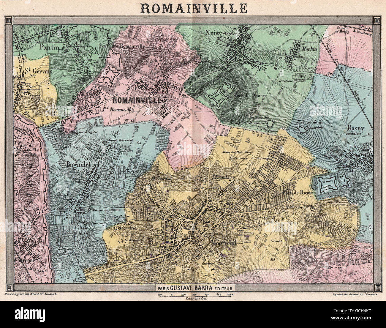 PARIS ne Romainville Montreuil Bagnolet St Gervais Rosny Pantin laut, 1860-Karte Stockfoto