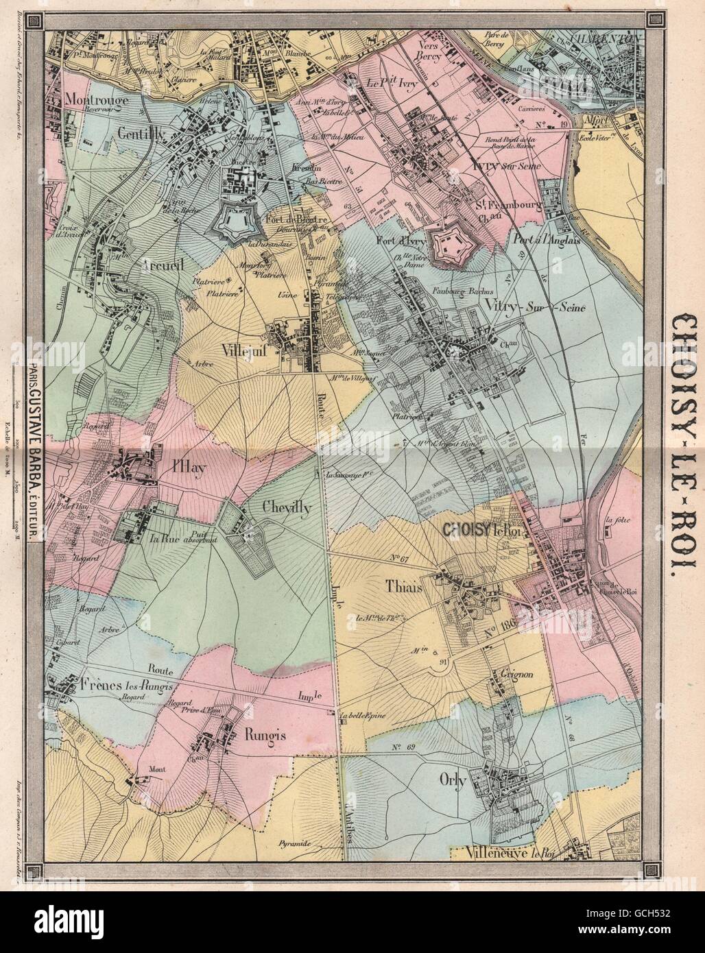 PARIS S. Choisy-le-Roi Vitry Chevilly Villejuif Arcueil Gentilly Ivry, 1860-Karte Stockfoto