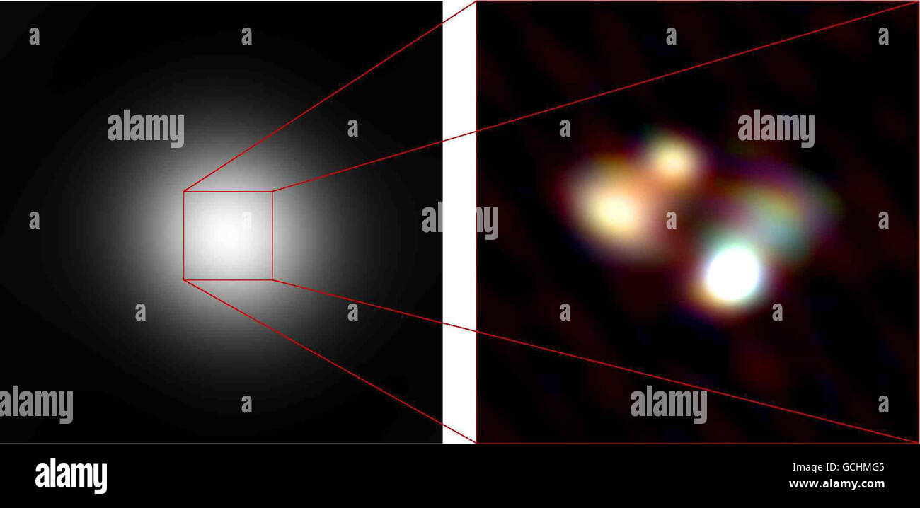 Erstes hochauflösendes Bild eines entfernten Quasars, das im Rahmen eines europaweiten Projekts mit Radioteleskopen aufgenommen wurde, die bei meterhohen Radiowellenlängen arbeiten. Dieser Wellenlängenbereich war bisher für solche detaillierten Beobachtungen nicht zugänglich, da die Teleskope weit auseinander liegen müssen. Das erste Bild, das feine Details des Quasars 3C 196 zeigt, der bei Wellenlängen zwischen 4 und 10 m beobachtet wurde, wurde mit nur einem kleinen Bruchteil des endgültigen LOFAR-Arrays erreicht, das große Teile Europas abdecken wird. Am Chilbolton Observatory in der Nähe von Andover, Hampshire, wird ein neues Antennenfeld errichtet. Stockfoto