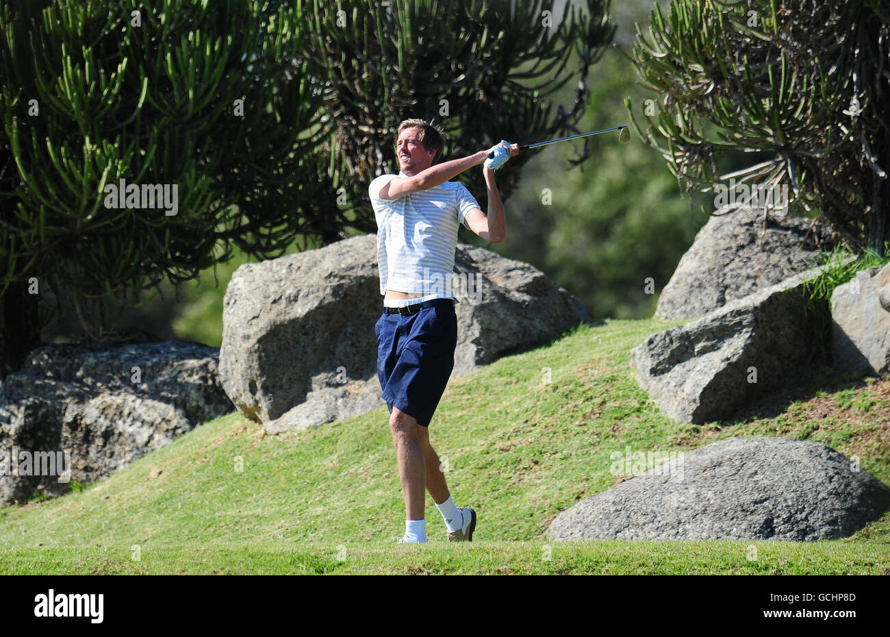 Der englische Peter Crouch auf dem Golfplatz Lost City in Sun City, Südafrika. Stockfoto