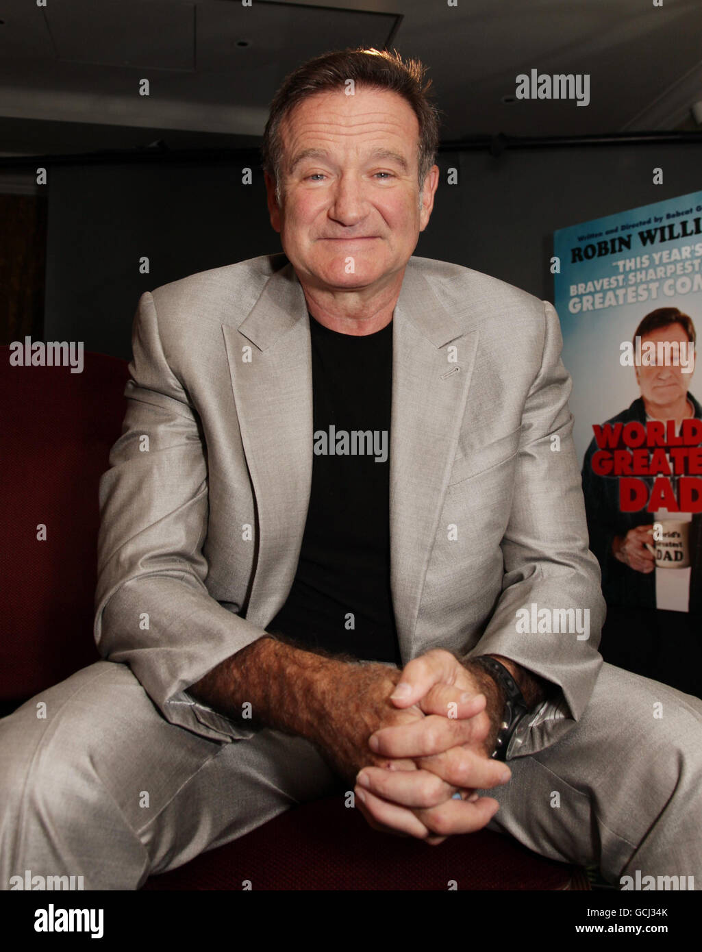 Schauspieler Robin Williams während einer Fotoaufnahme für den Film 'World's Greatest Dad', im Madarin Oriental Hotel in Knightsbridge, London. Stockfoto