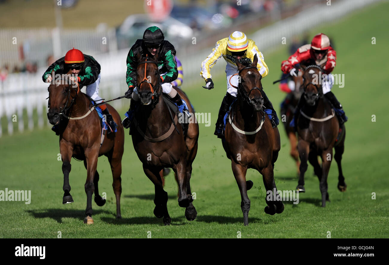 ORPENINDEED von Andrew Heffernan (2. Von links) gewinnt die Brothers Pear Cider mit Einsätzen vor FLIEGENDEM VALENTINO, John Fahy auf dem 2. (2. Von rechts) und BLAUEN NUDELN, Dean Heslop auf dem 3. (Links). Stockfoto