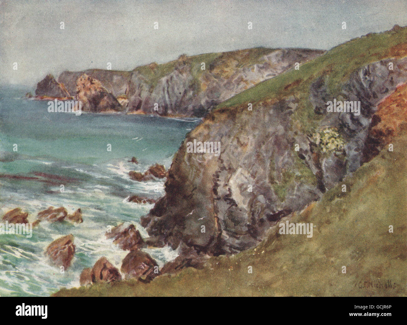 DIE EIDECHSE. Blick auf die Küste. Klippen & Meer. Cornwall. Von G. F. Nicholls, 1915 Stockfoto